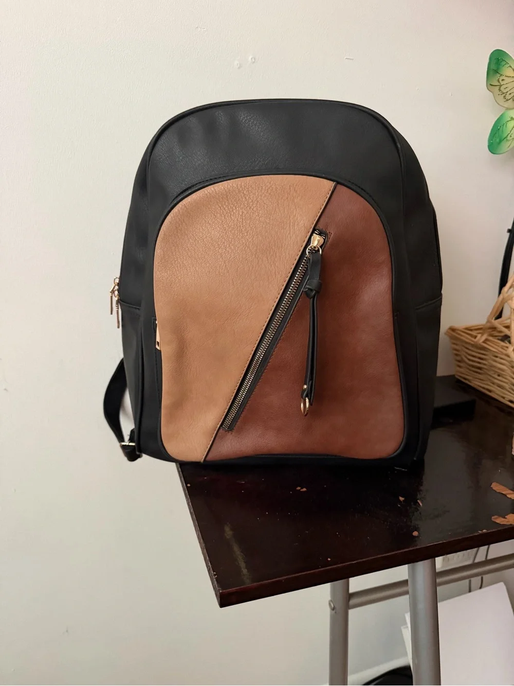 Black Backpack with Tan and Brown Front Panel - Unbranded